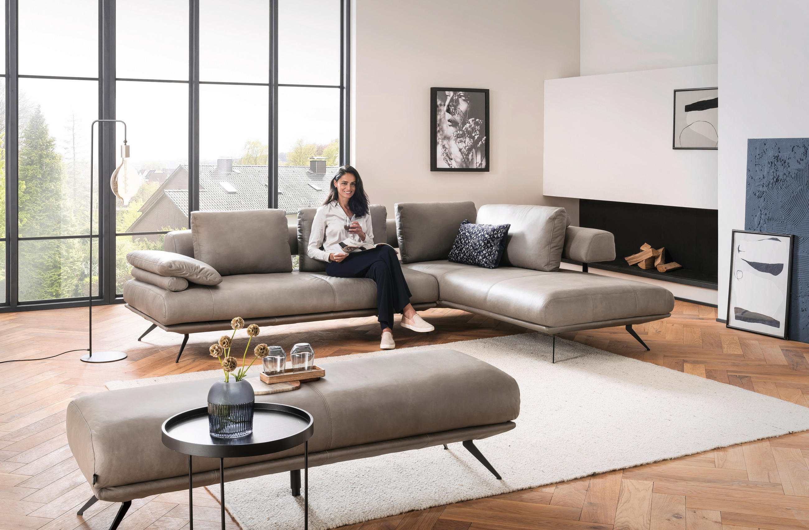 ECKSOFA Grau Echtleder  - Schwarz/Grau, Design, Leder/Metall (305/231cm) - Dieter Knoll