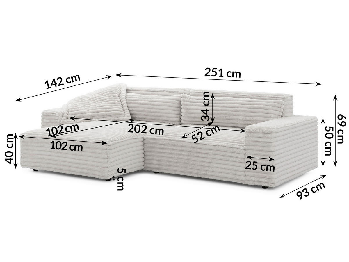 ECKSOFA Cord Hellgrau  - Hellgrau/Schwarz, Design, Kunststoff/Textil (251/142cm) - P & B