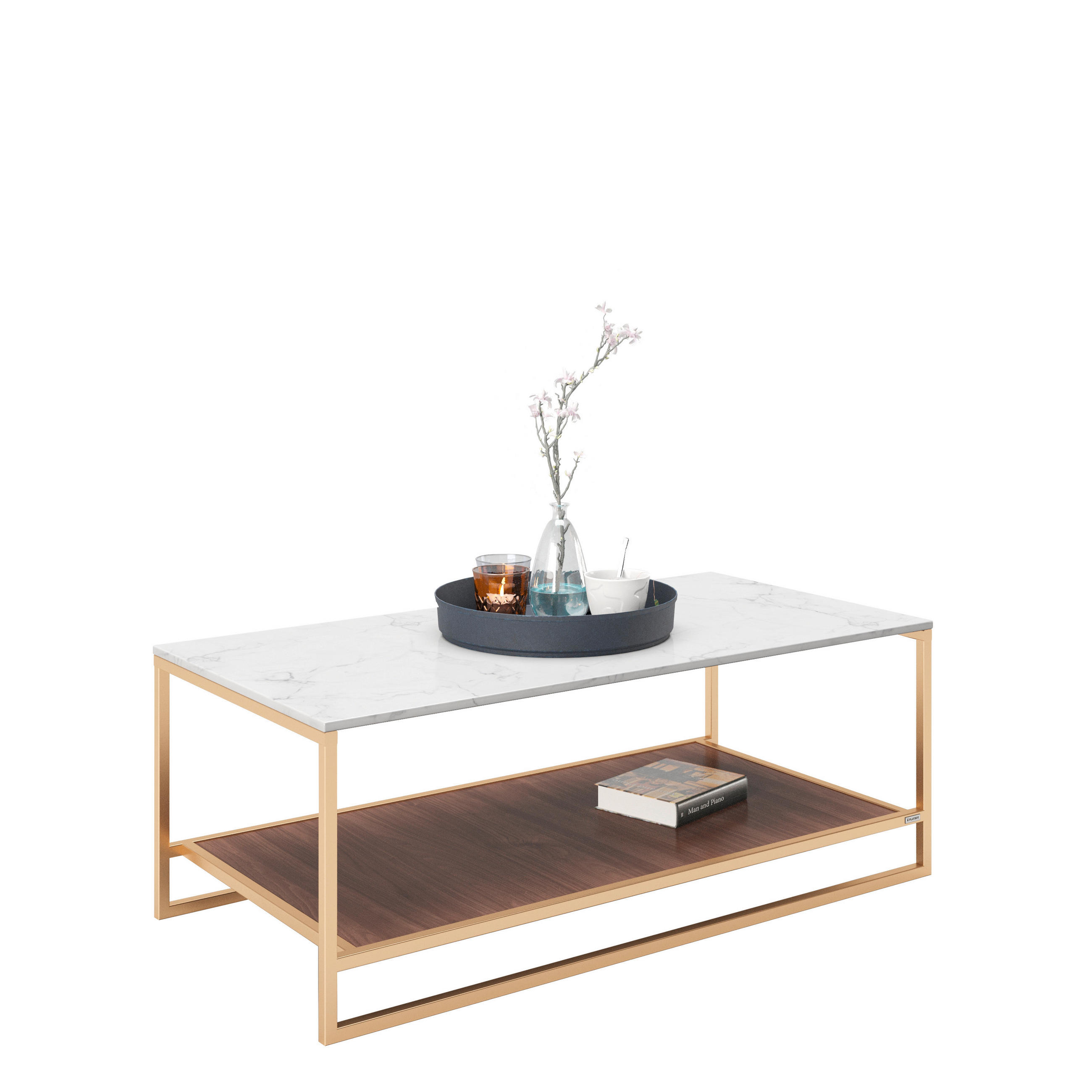 COUCHTISCH 120/60/45 cm rechteckig Weiß, Nussbaumfarben, Goldfarben  - Nussbaumfarben/Goldfarben, KONVENTIONELL, Holzwerkstoff/Metall (120/60/45cm) - Playboy