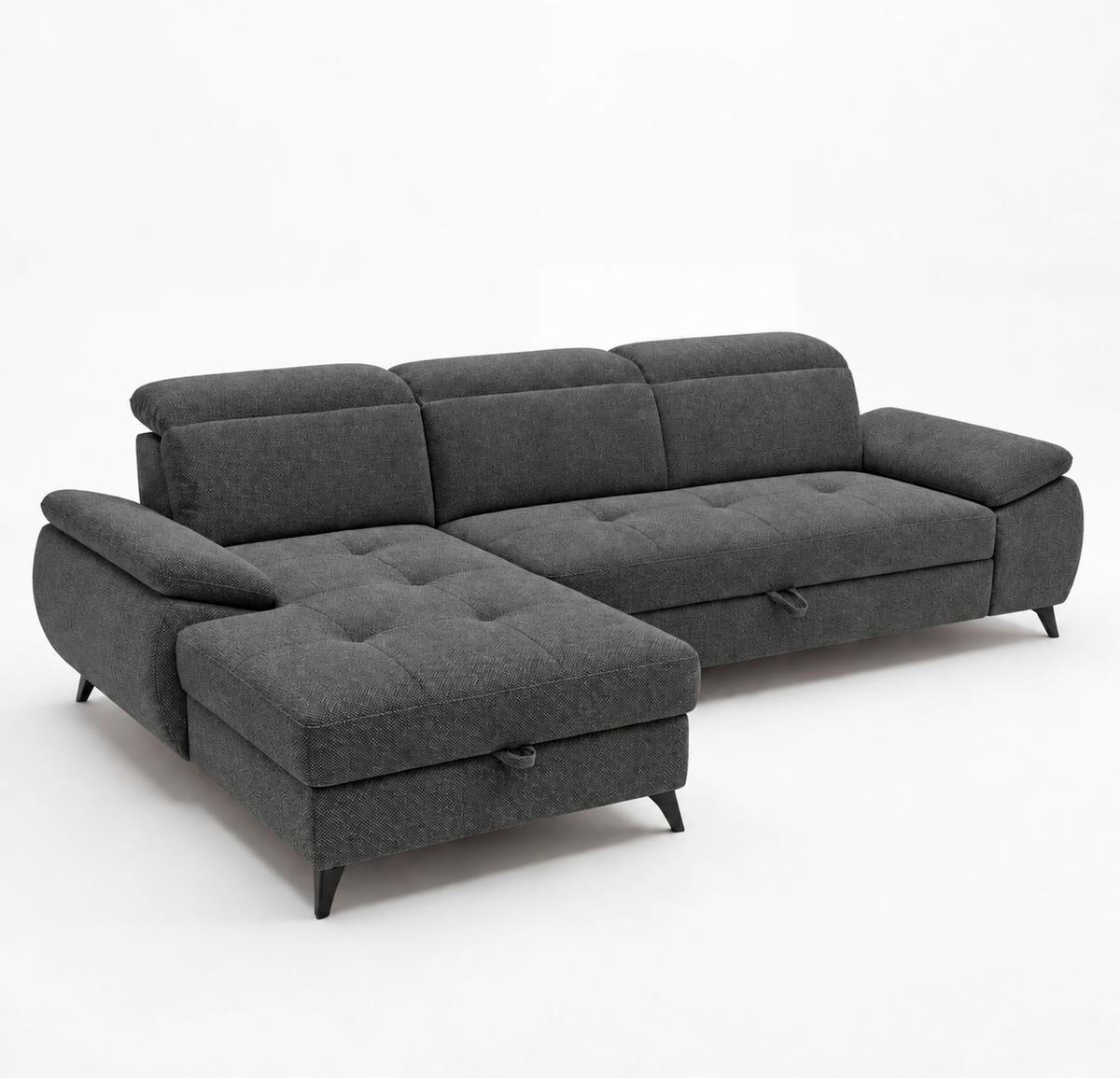 ECKSOFA TAOS Dunkelgrau Struktur Bettkasten, Rücken echt, Kopfteilverstellung, Stauraum  - Dunkelgrau/Schwarz, Basics, Holz/Textil (281/166cm) - MID.YOU