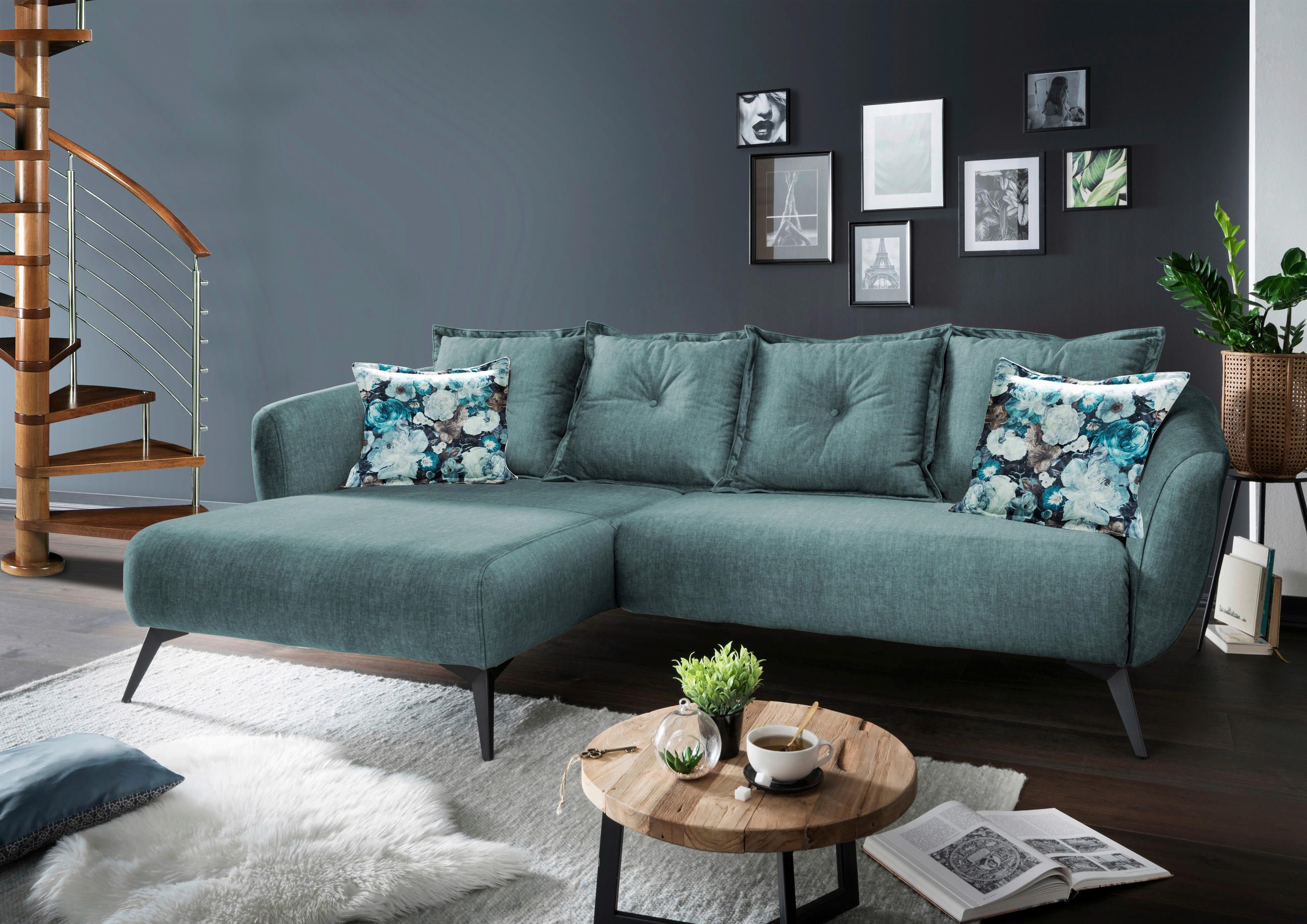ECKSOFA Blau, Multicolor Velours  - Blau/Multicolor, MODERN, Holz/Textil (162/277cm) - Livetastic