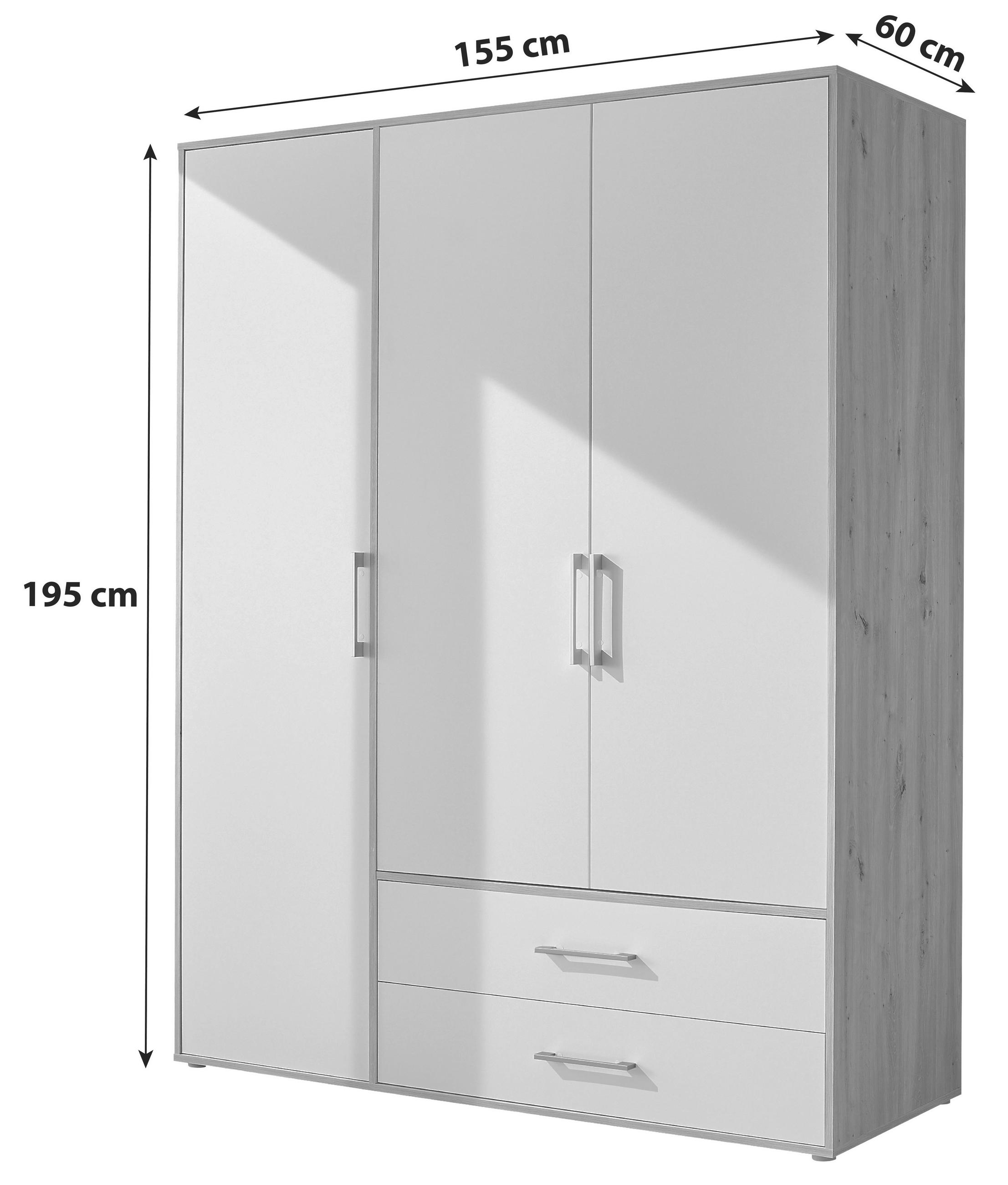 KLEIDERSCHRANK 155/195/60 cm 3-türig Weiß, Eiche Artisan  - Alufarben/Weiß, Basics, Glas/Holzwerkstoff (155/195/60cm)