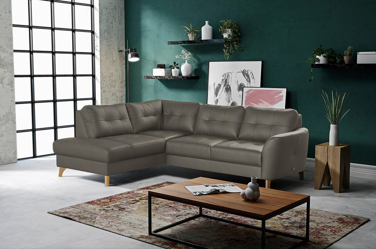 ECKSOFA in Lederlook Echtleder Schlammfarben  - Schlammfarben/Buchefarben, Design, Leder/Holz (190/236cm) - Livetastic