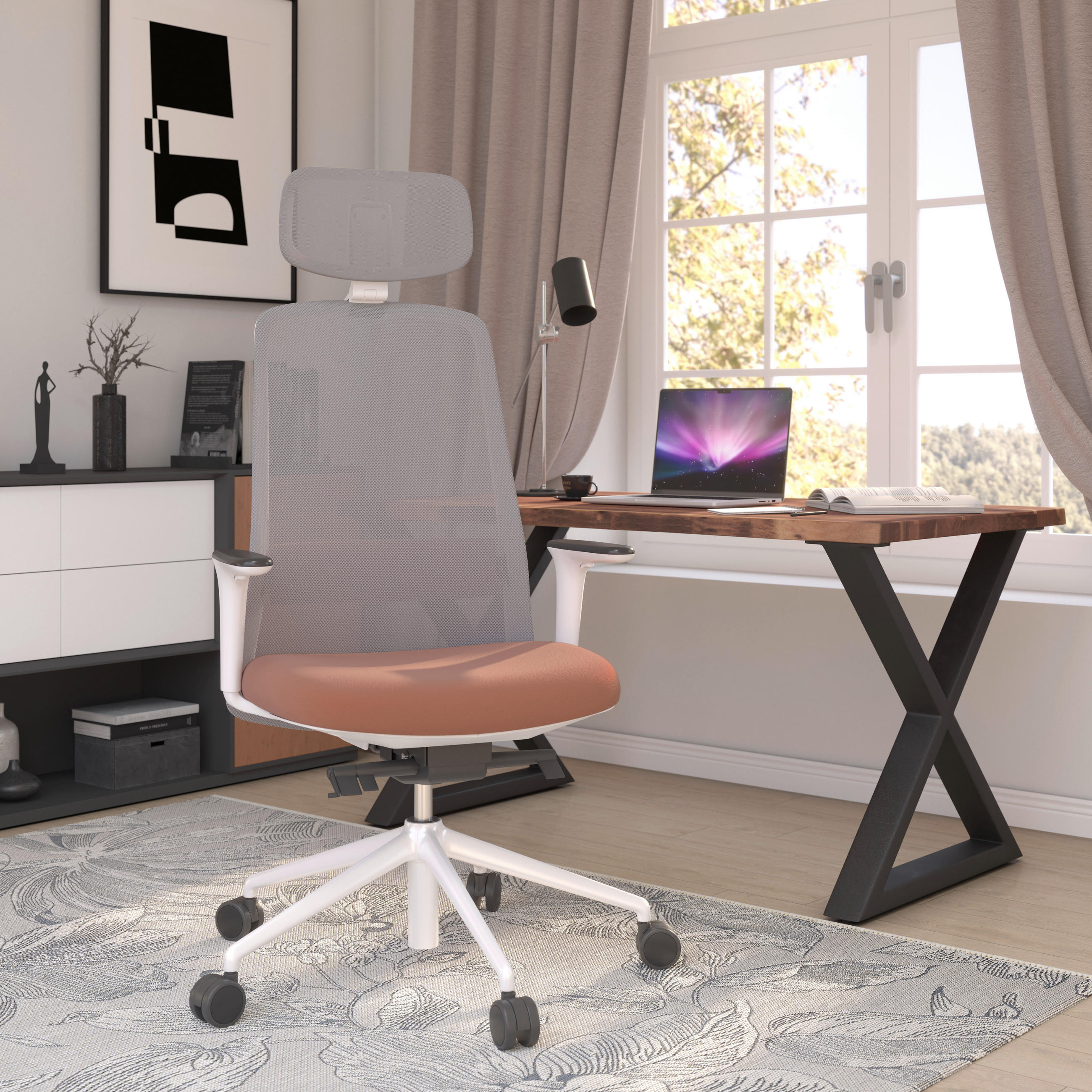DREHSTUHL Braun, Grau, Weiß  - Braun/Weiß, MODERN, Leder/Kunststoff (70/103-115/70cm)