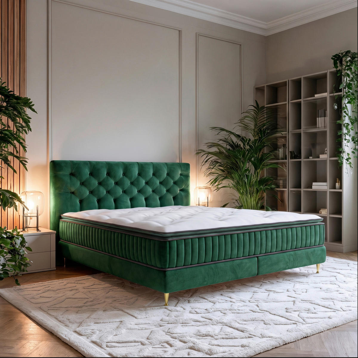 BOXSPRINGBETT 180/200 cm,  in Dunkelgrün, Matratze, gepolstertes Kopfteil, Topper,  - Dunkelgrün/Goldfarben, Design, Textil/Metall (180/200cm) - Boxxx