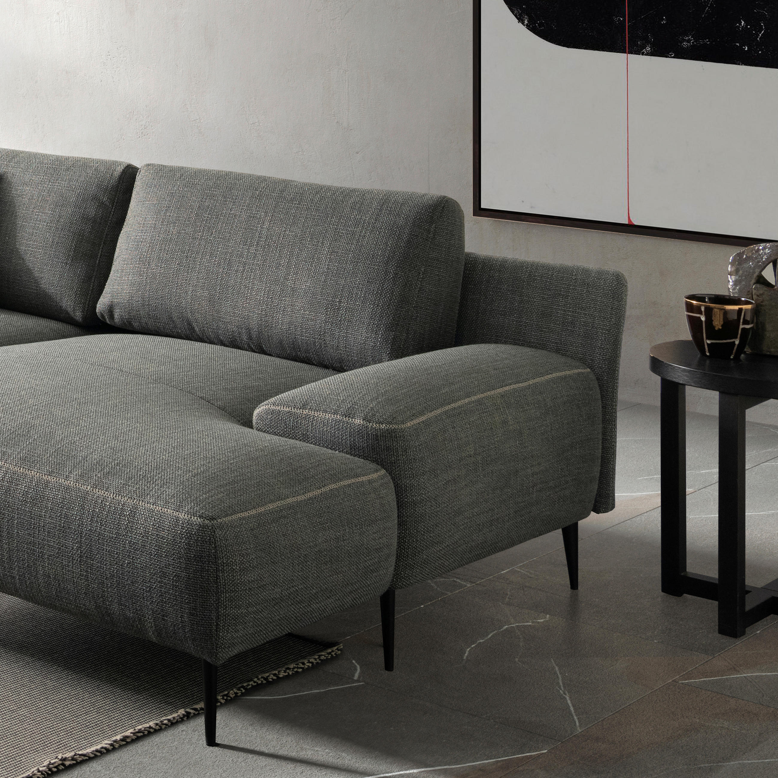 ECKSOFA Grau Flachgewebe  - Beige/Schwarz, Design, Textil/Metall (344/162cm) - Designwerk