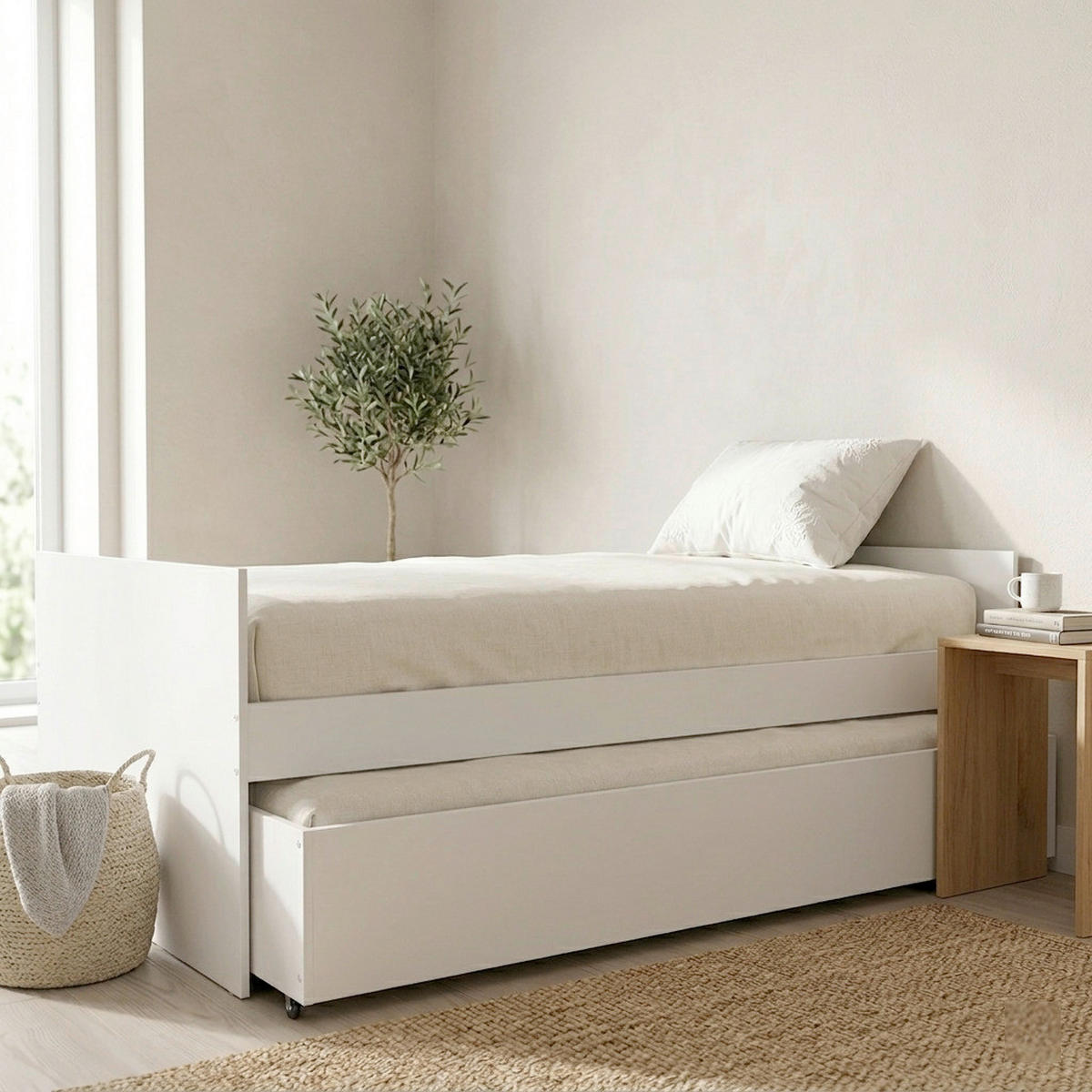 AUSZIEHBETT 90/200 cm,  in Weiß, Bettschublade, Lattenrost für Zusatzbett, Lattenrost für Hauptbett  - Naturfarben/Weiß, MODERN, Holz/Holzwerkstoff (90/200cm) - MID.YOU