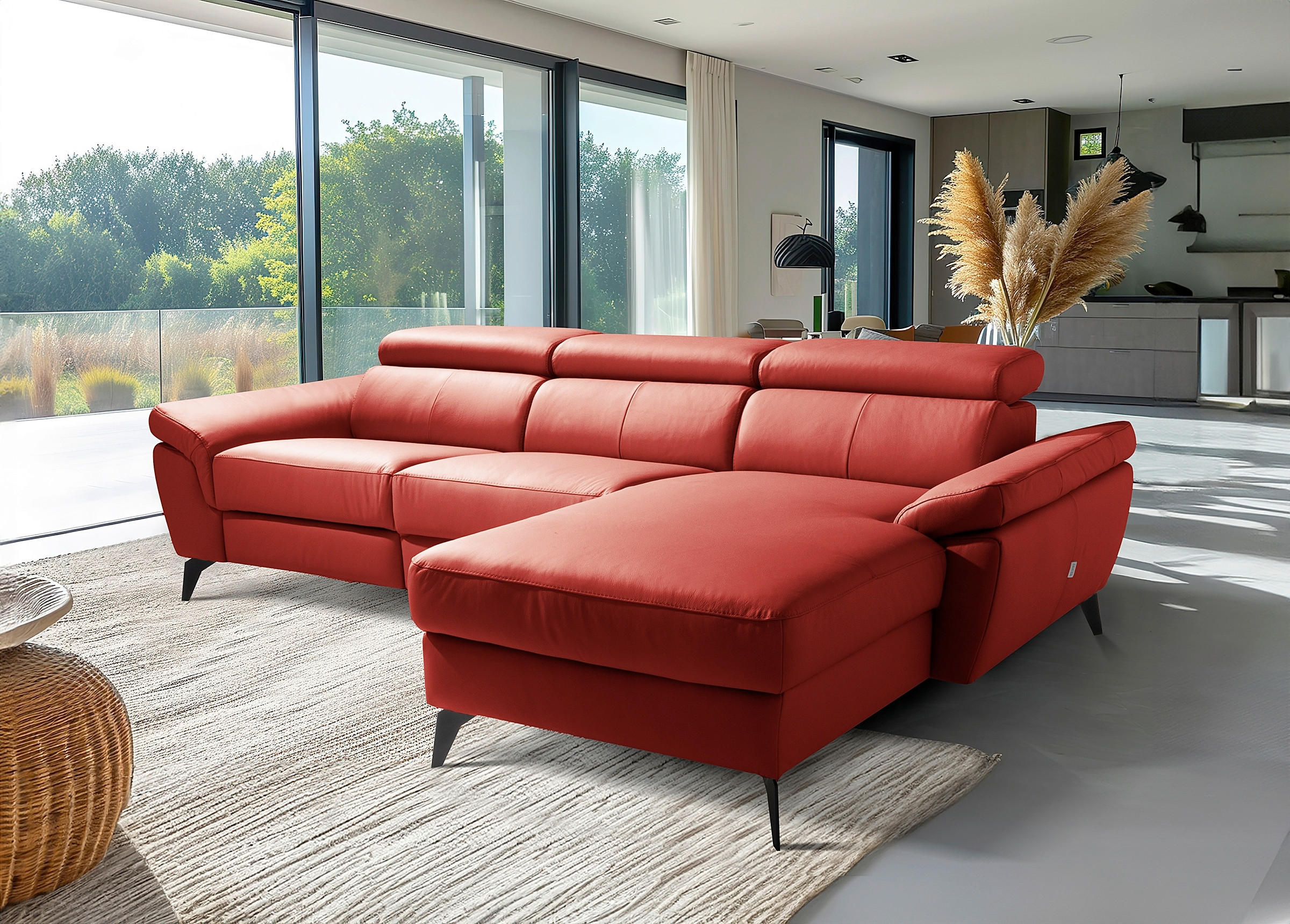 ECKSOFA SONO in Lederlook Echtleder Rot Bettkasten, Armteilverstellung, Kopfteilverstellung  252/179 cm  - Rot/Schwarz, Design, Leder/Textil (252/179cm) - Livetastic