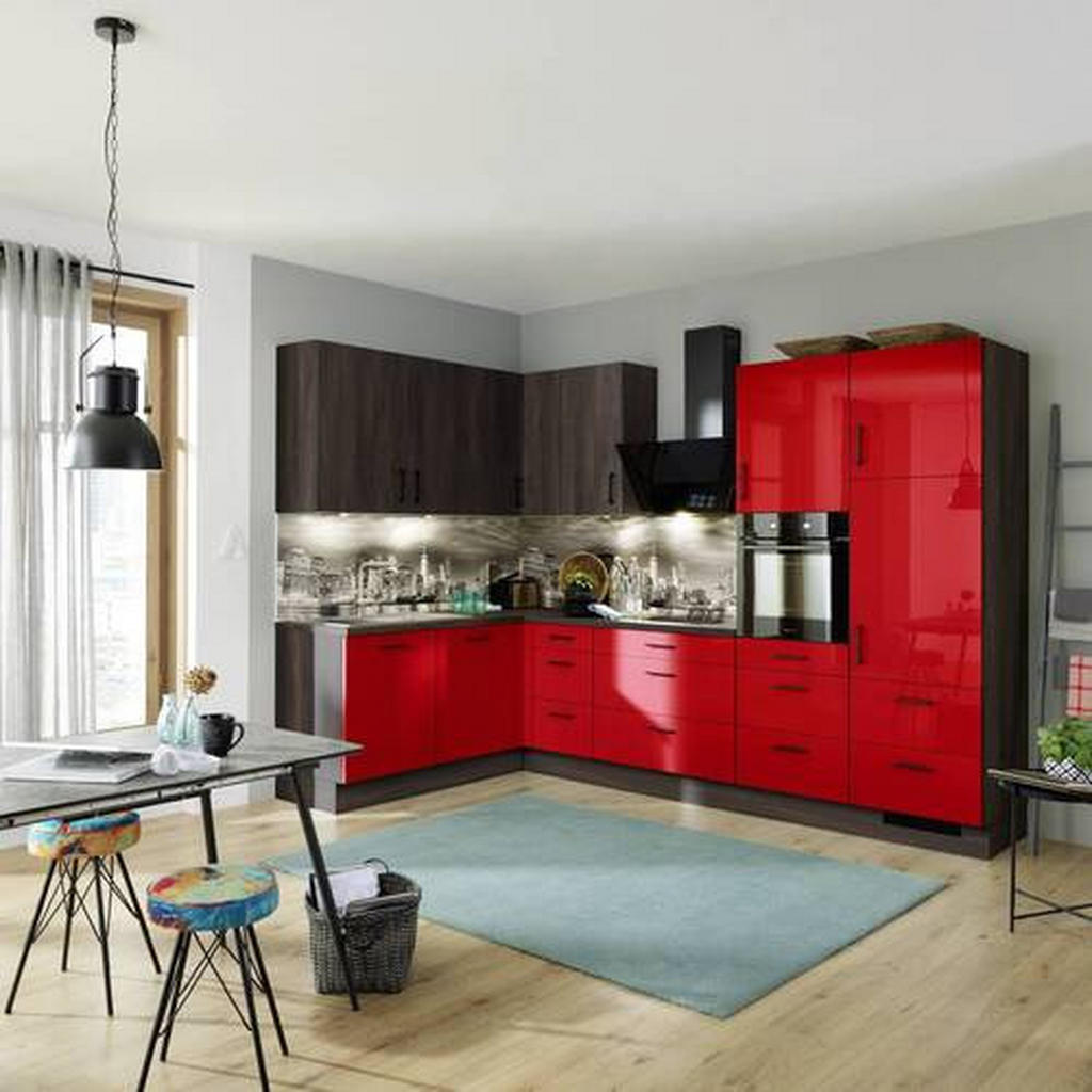 Eckküche Ip4050 ohne Geräte 185x320 cm Rot Hgl/Eiche