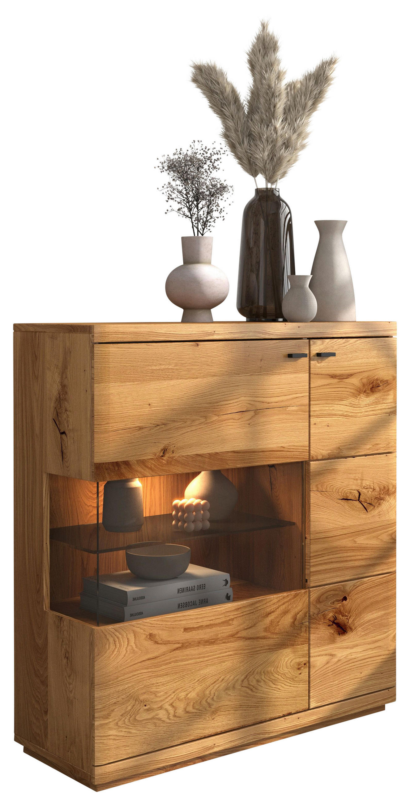 SIDEBOARD Eichefarben 99/109/38 cm - Eichefarben/Schwarz, Natur, Glas/Holz (99/109/38cm) - Linea Natura