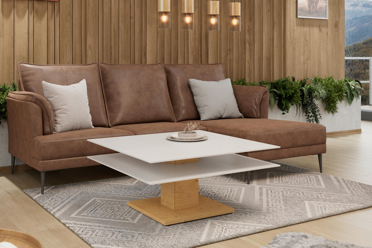 TABLE BASSE in Holz, Glas, Holzwerkstoff 90/90/43 cm  - Weiss/Eichefarben, Design, Glas/Holz (90/90/43cm) - Voglauer