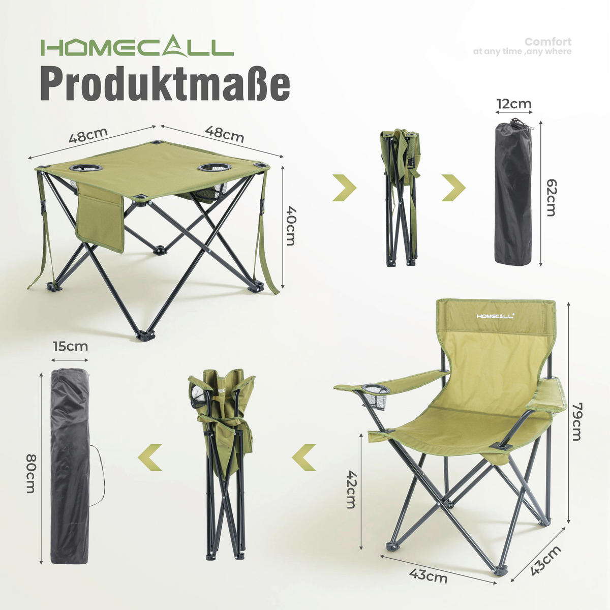 CAMPINGGARNITUR - Olivgrün, Basics, Textil/Metall (43/79/43cm) - Modante
