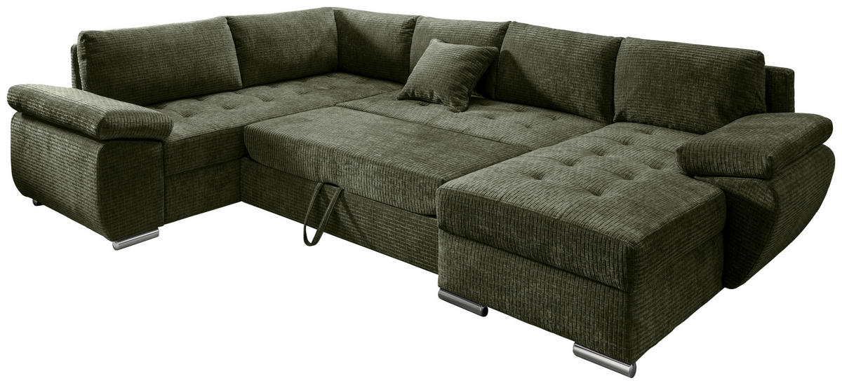 Wohnlandschaft in Mikrofaser Olivgrün  - Chromfarben/Olivgrün, KONVENTIONELL, Textil (219/305/157cm) - Livetastic
