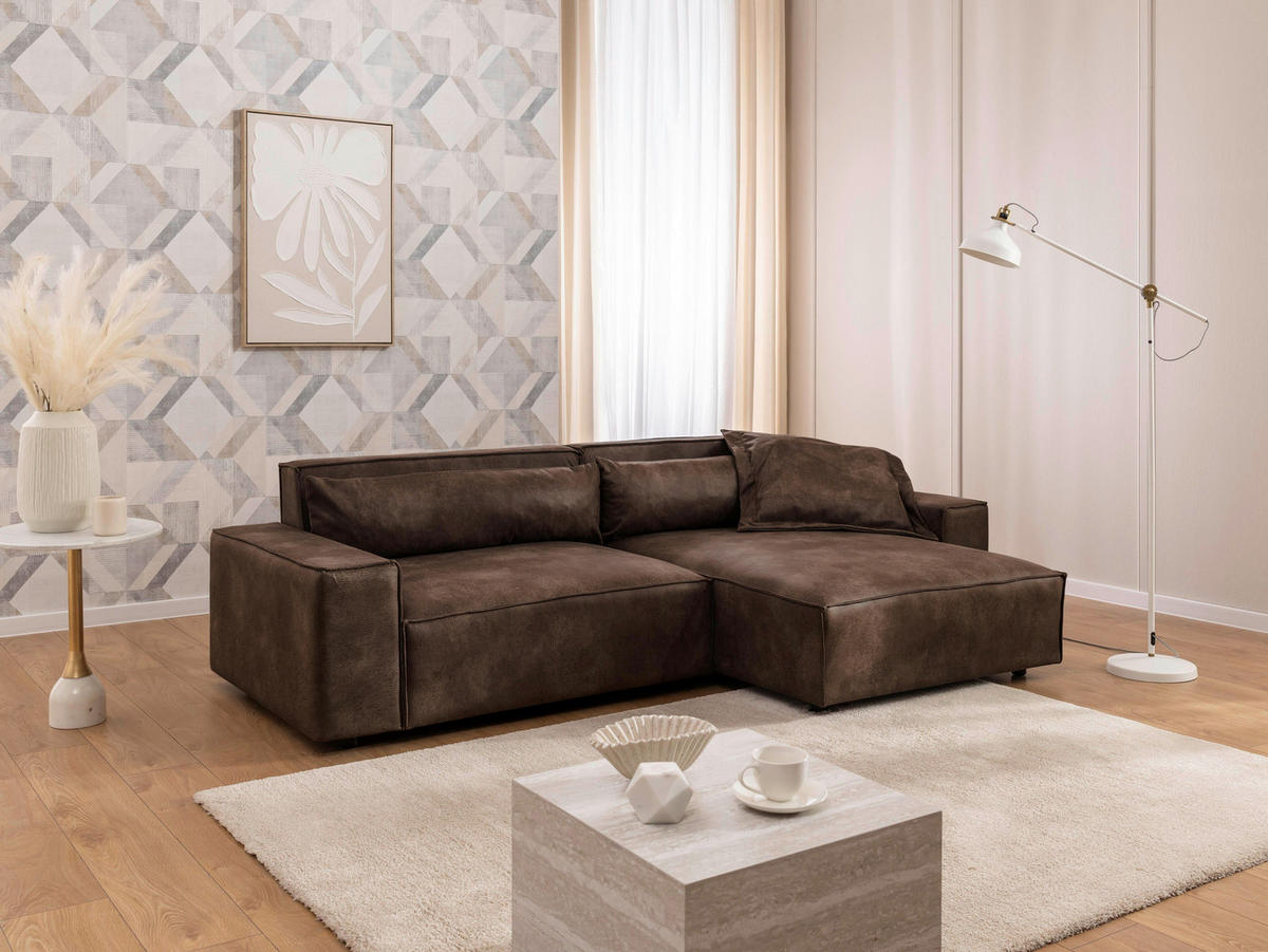 ECKSOFA Curduroy in Lederlook Braun Rückenkissen  251/142 cm  - Schwarz/Braun, Design, Kunststoff/Textil (251/142cm) - P & B