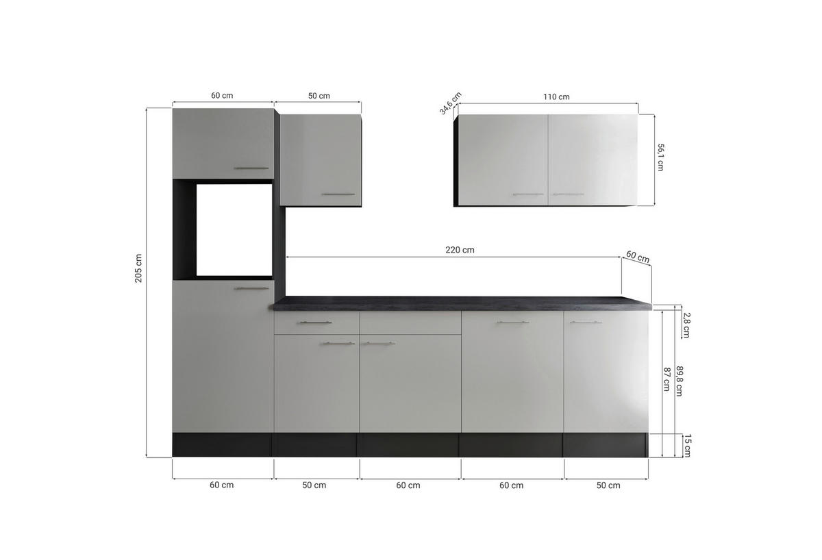 MODULKÖK UTAN VITVAROR 280 cm   i grå, ek Artisan  - svart/grå, Design, metall/trämaterial (280cm) - Respekta