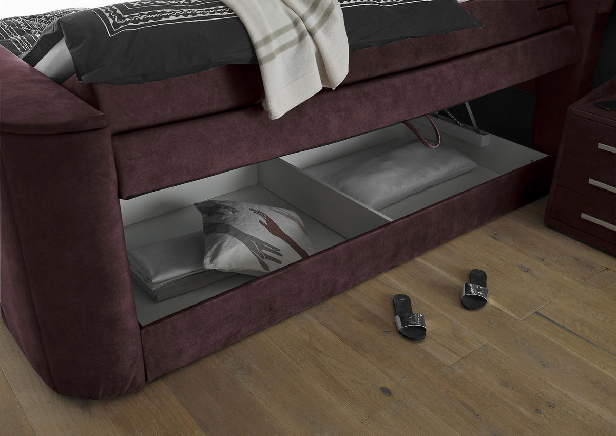 BOXSPRINGBETT 180/200 cm,  in Aubergine, gepolstertes Kopfteil, Bettkasten, Topper, H2 + H2 = mittel  - Aubergine, MODERN, Holzwerkstoff/Kunststoff (180/200cm) - MID.YOU