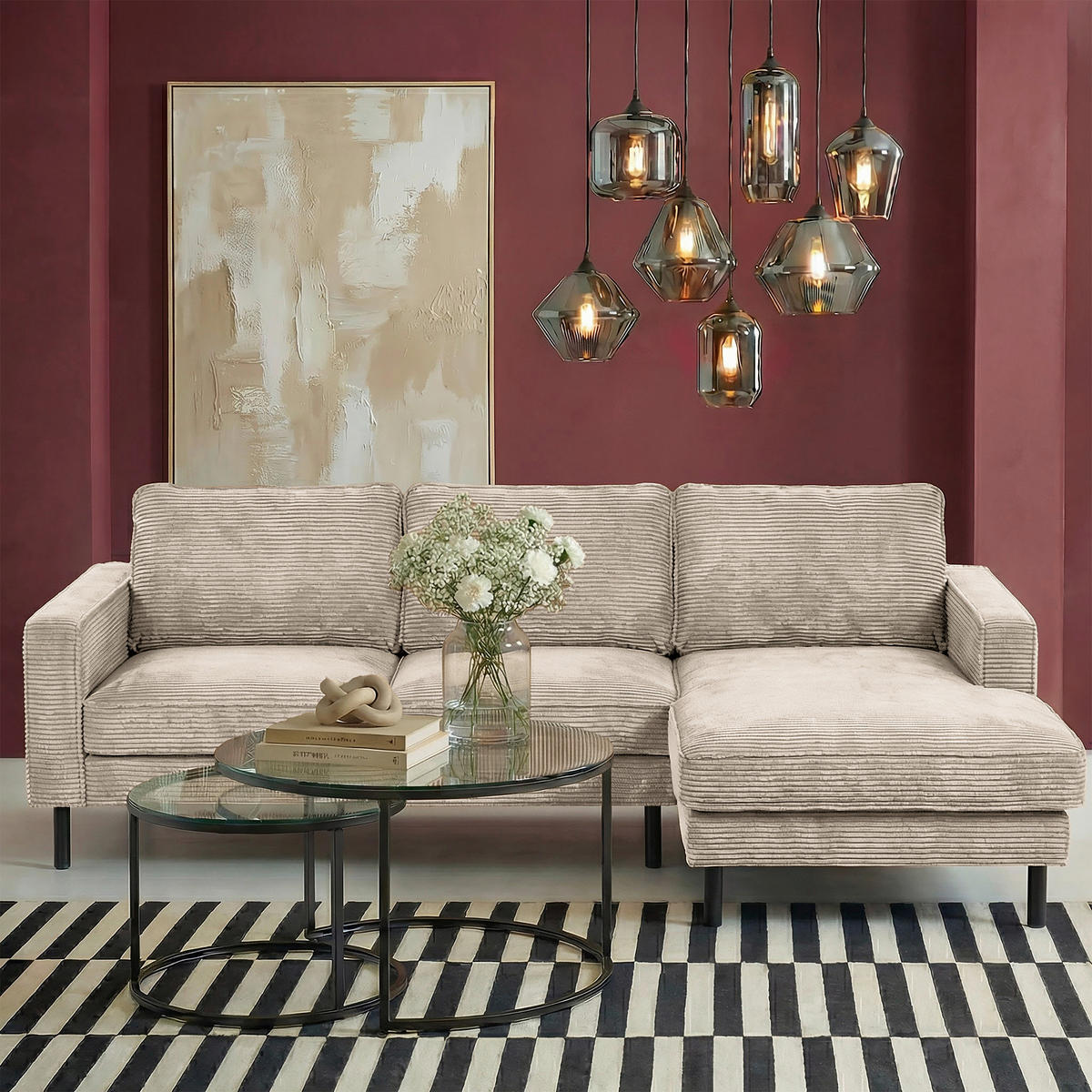 ECKSOFA Cord Hellgrau  - Hellgrau/Schwarz, Design, Textil/Metall (238/166cm) - Livetastic