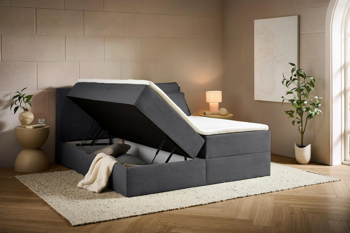 BOXBETT 180/200 cm,  in Anthrazit, Kissen, Bettkasten, Topper, H3 + H3 = fest  - Anthrazit/Schwarz, Design, Kunststoff/Textil (180/200cm) - Chameo