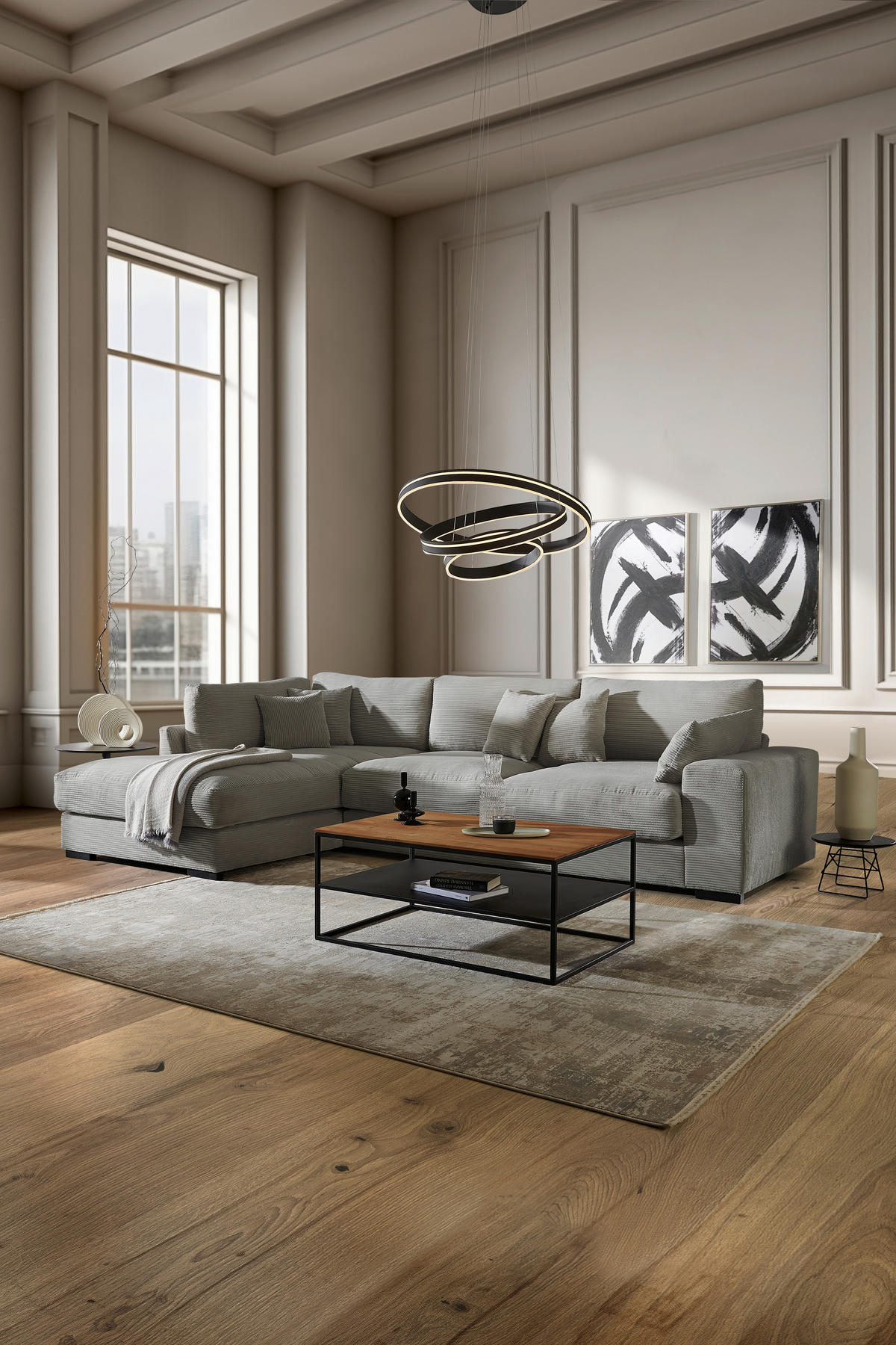 ECKSOFA in Cord Grau  - Schwarz/Grau, Design, Kunststoff/Textil (205/340cm) - Lomoco