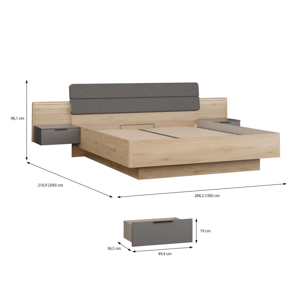 SET KREVETA I NOĆNIH ORMARIĆA   180/200 cm   siva, boje hrasta  - siva/boje hrasta, Moderno, drvni materijal/metal (180/200cm) - Hom`in