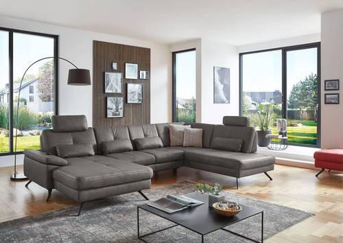 WOHNLANDSCHAFT in Lederlook, Mikrofaser Dunkelgrau  - Dunkelgrau/Schwarz, Design, Textil/Metall (179/343/220cm) - Beldomo System