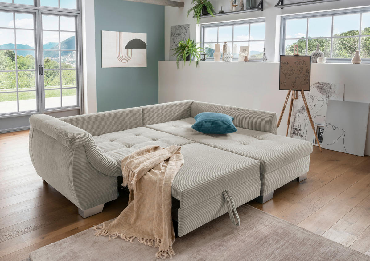 Wohnlandschaft in Cord Silberfarben  - Silberfarben/Petrol, Design, Holz/Textil (250/190cm) - MID.YOU