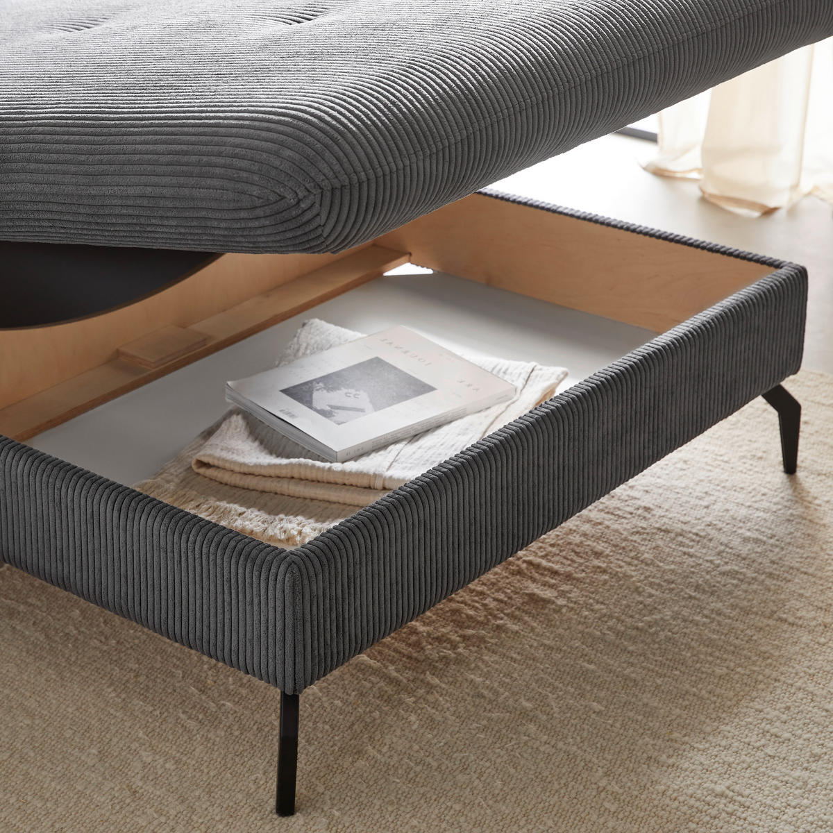 ECKSOFA in Velours, Cord Graphitfarben  - Schwarz/Graphitfarben, MODERN, Textil/Metall (180/302cm) - Venda