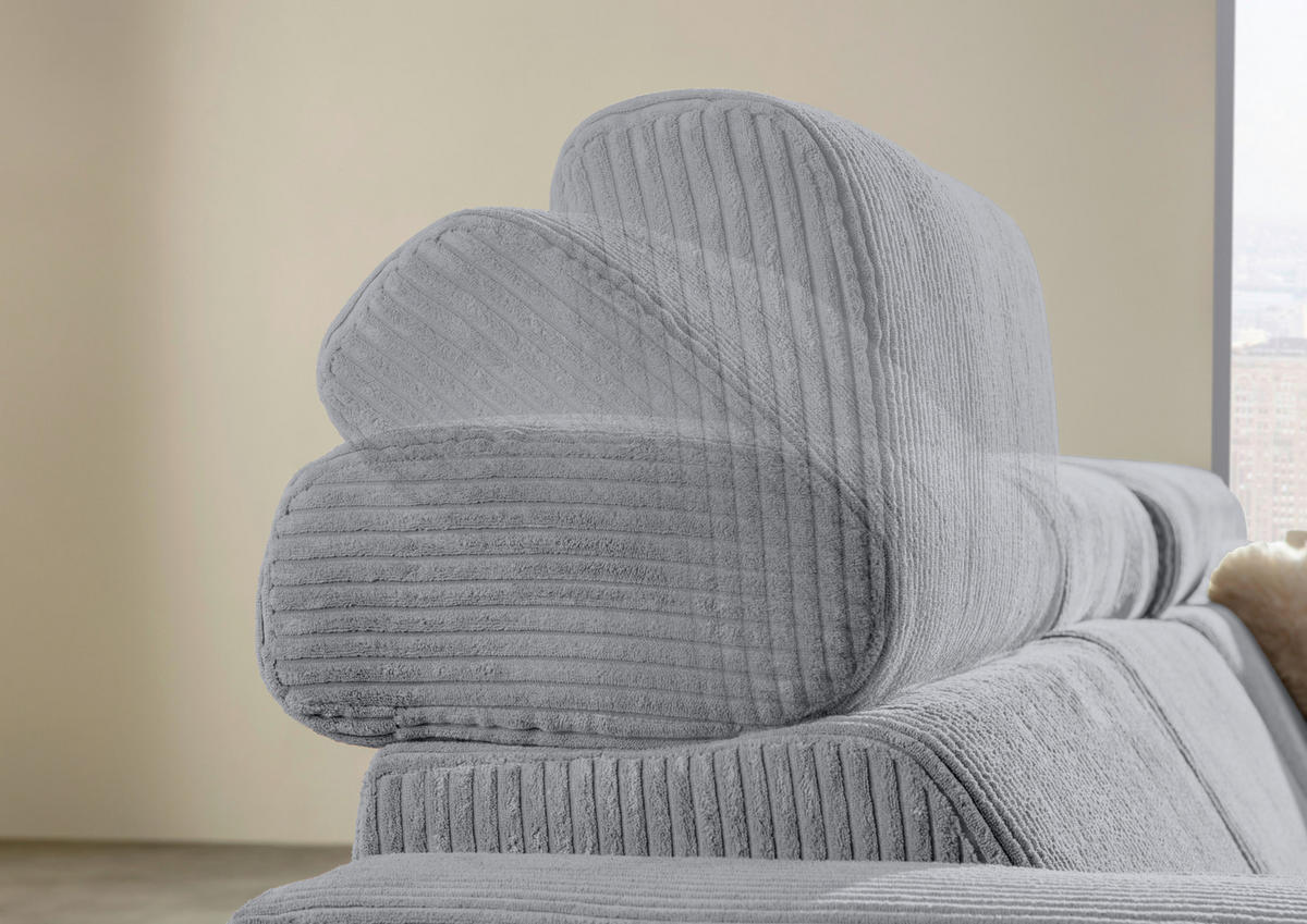 ECKSOFA Hellgrau Cord Rücken echt, Kopfteilverstellung, Sitzvorzug  - Hellgrau/Schwarz, KONVENTIONELL, Textil/Metall (257/170cm) - Carryhome