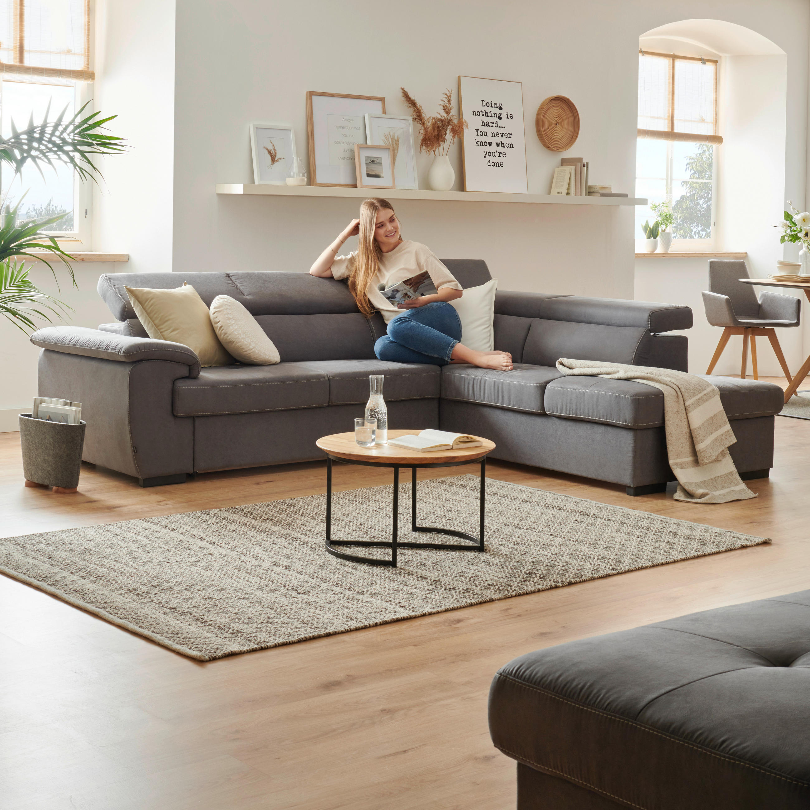 ECKSOFA Hellgrau Mikrofaser  - Hellgrau/Schwarz, Design, Kunststoff/Textil (258/219cm) - Stylife