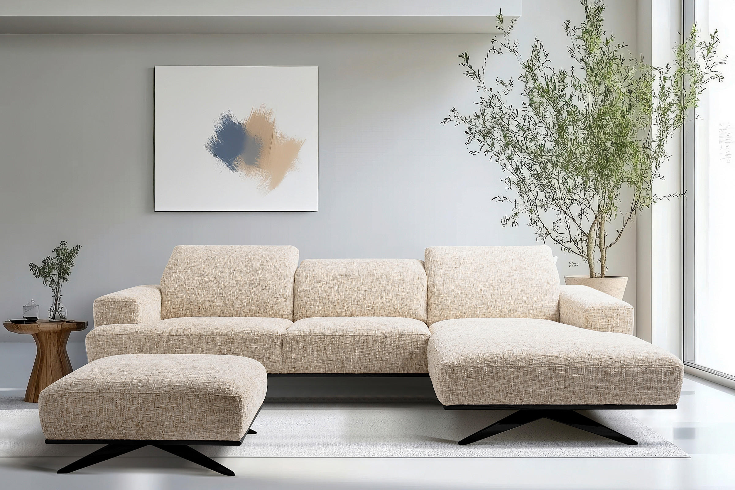 ECKSOFA PORTLAND in Struktur Beige Kopfteilverstellung  295/187 cm  - Beige/Schwarz, Design, Holz/Textil (295/187cm) - Livetastic