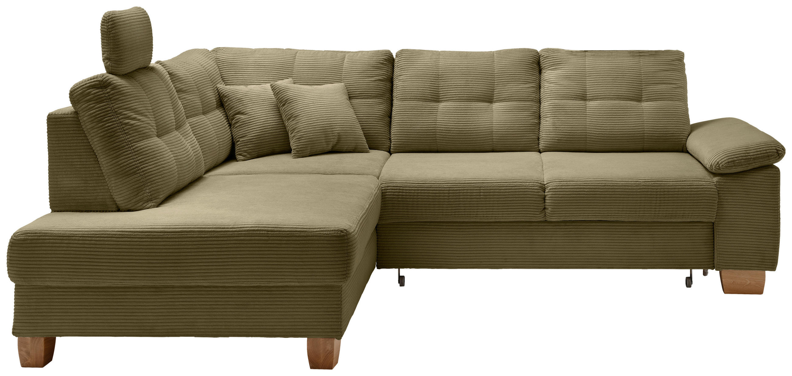 ECKSOFA Olivgrün Cord Liegefläche im Originalstoff, Kopfstütze, Sitztiefenverstellung, Schlaffunktion, Bettkasten  - Naturfarben/Olivgrün, MODERN, Holz/Textil (206/274cm) - Livetastic