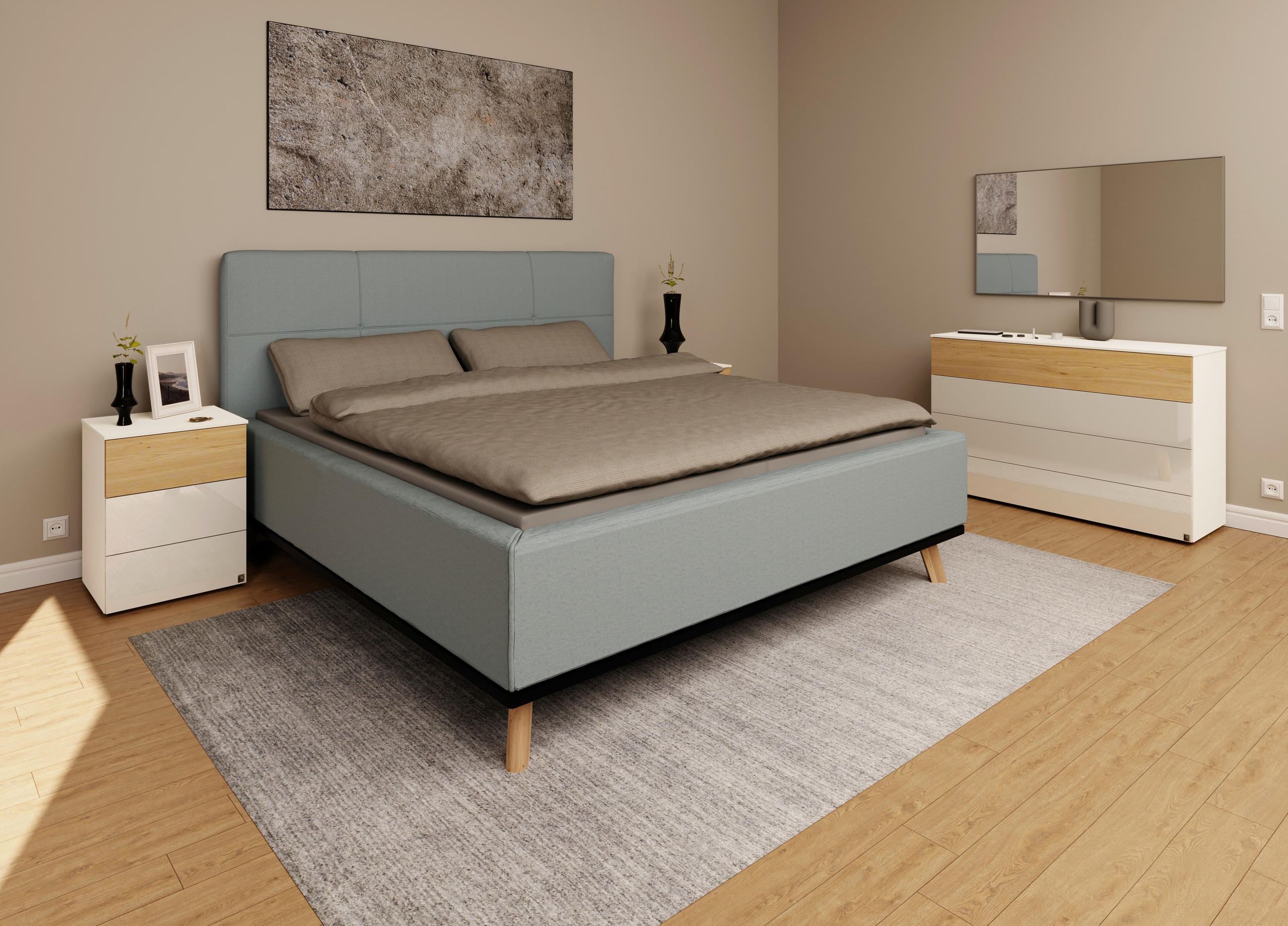 Thumbnail - Musterring Polsterbett, Blau, Textil, Birke, Buche,Esche, massiv, H2, Höhe ca. 20 cm, 180x200 cm, Reach, atmungsaktiv,Be...