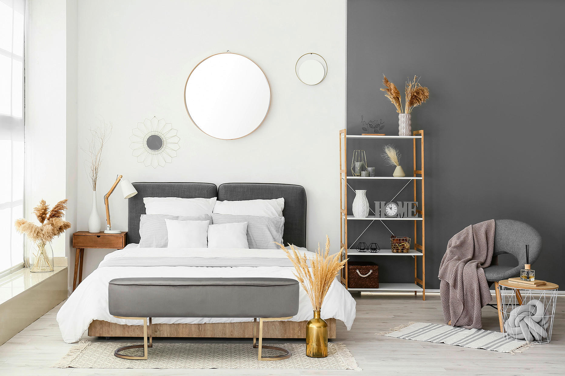SEDACÍ LAVICE, dřevo, kov, textil, kompozitní dřevo, 105/41/40 cm - šedá/barvy zlata, Design, kov/dřevo (105/41/40cm) - MID.YOU