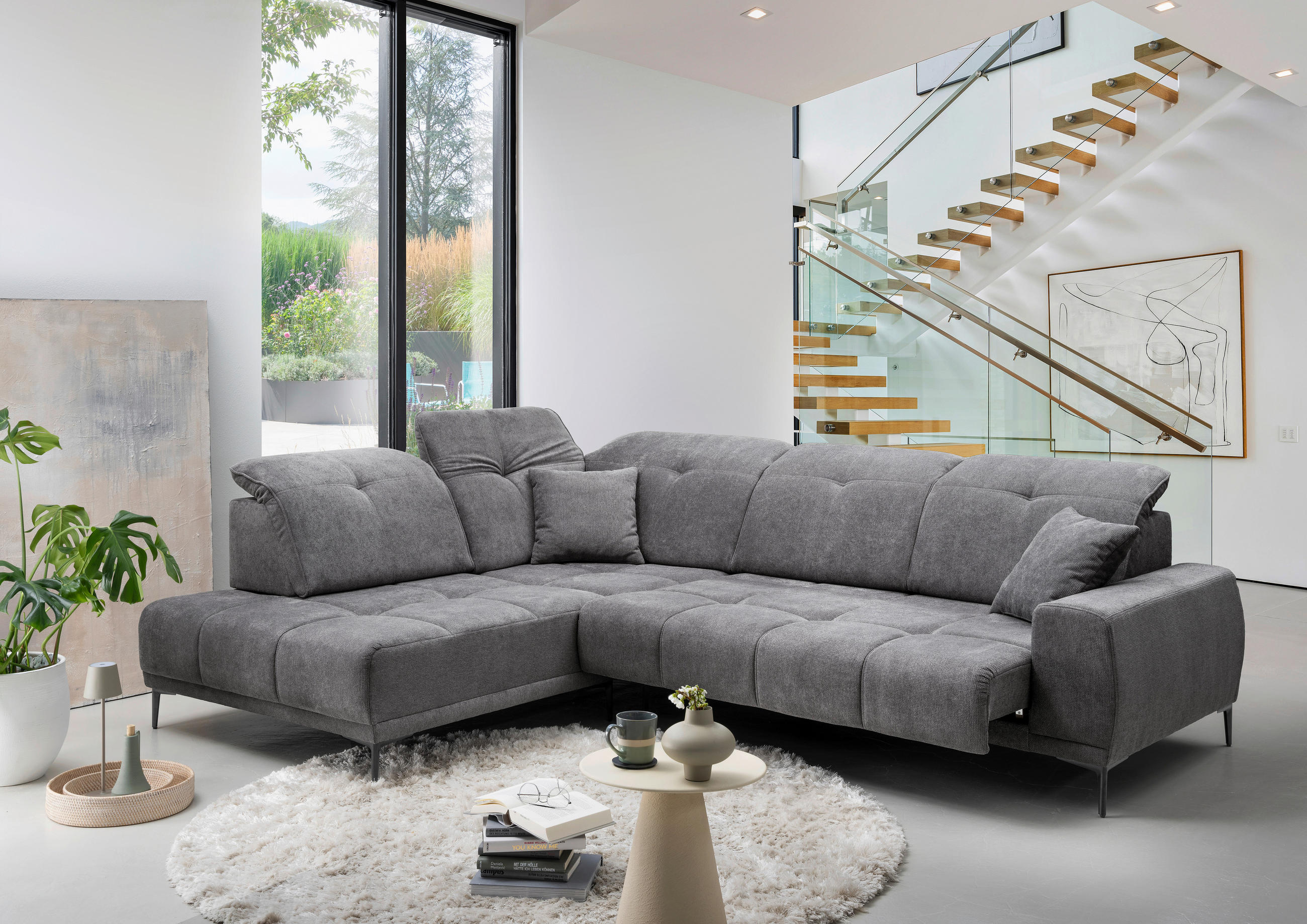 ECKSOFA Chenille Dunkelgrau  - Dunkelgrau/Schwarz, Basics, Textil/Metall (232/305cm) - Livetastic