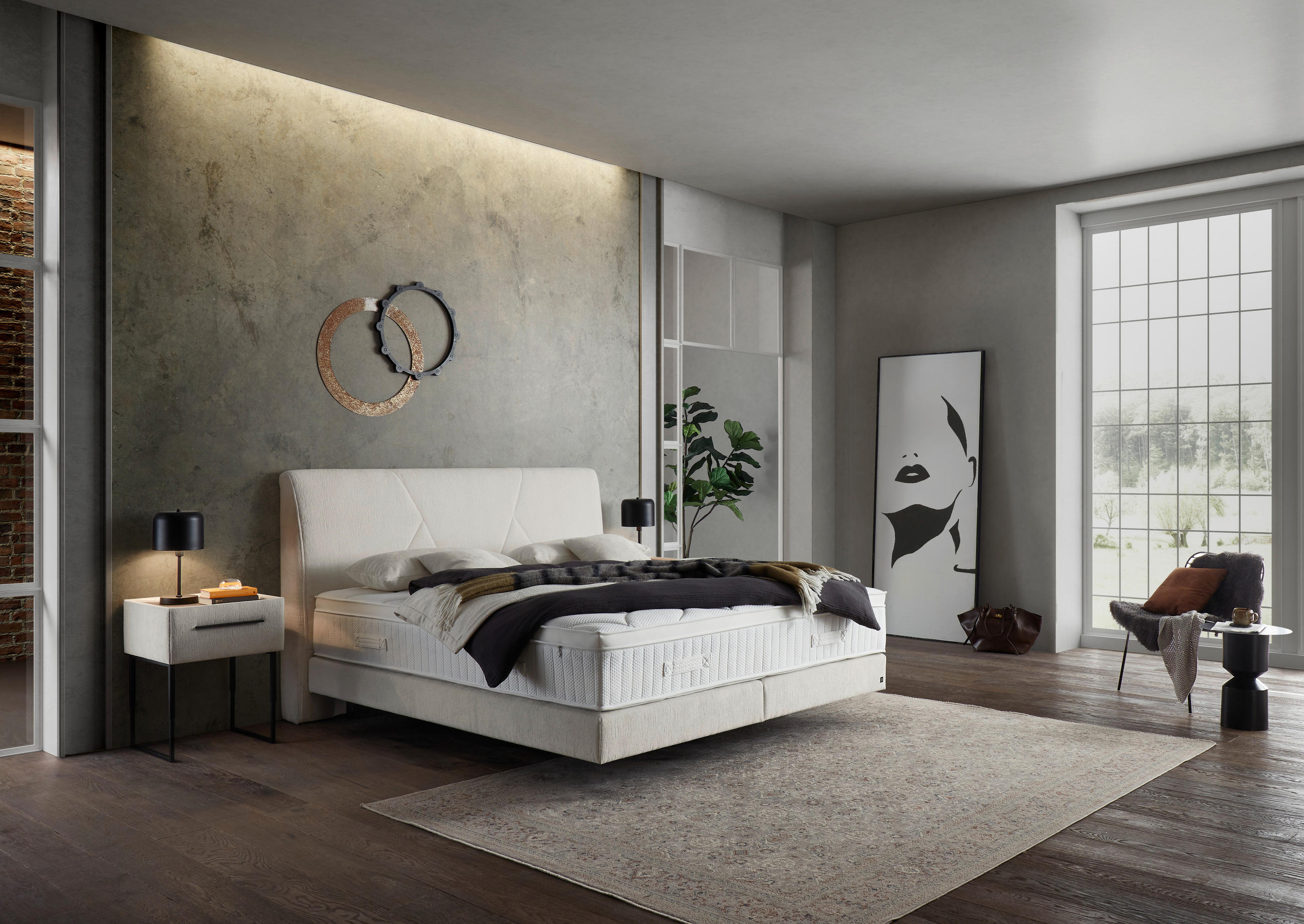 BOXSPRINGBETT 160/200 cm,  in Creme, Topper, Matratzen, unterschiedliche Matratzenhärtegrade je Bettseite, H2 + H4 = mittel + sehr fest  - Creme/Schwarz, Design, Kunststoff/Textil (160/200cm) - Dieter Knoll