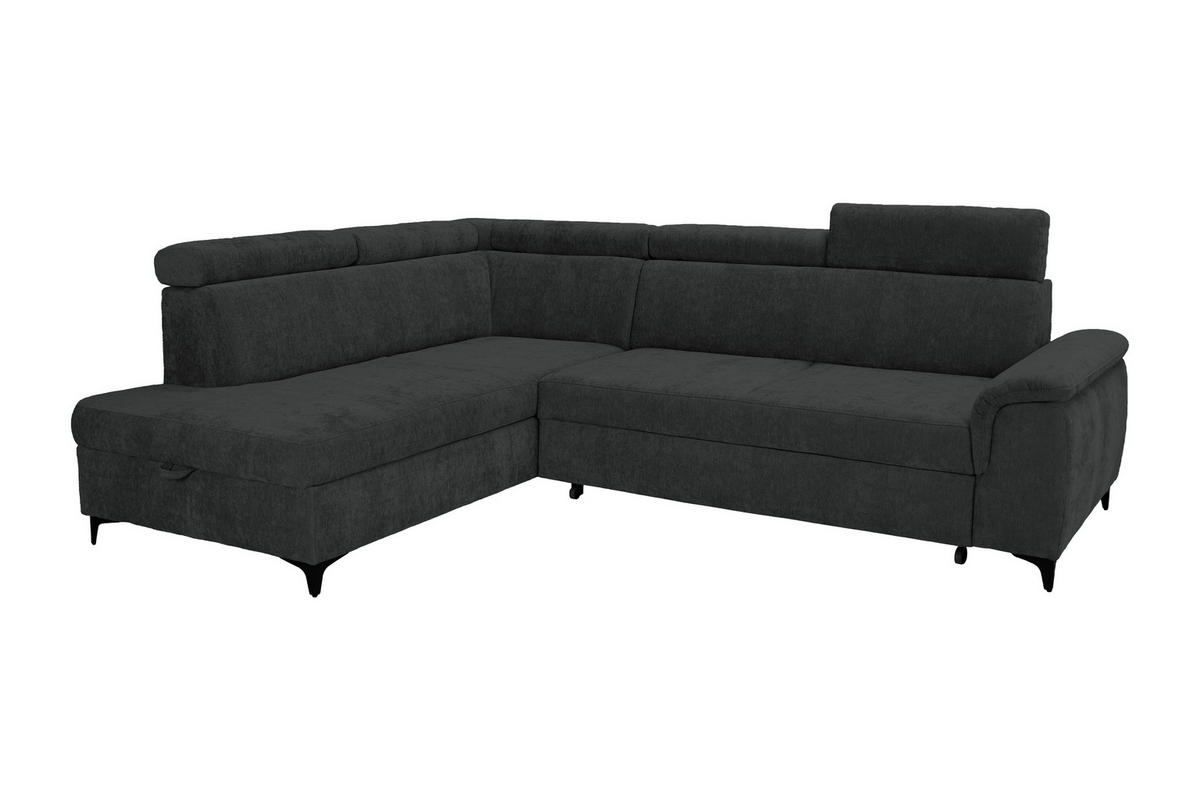 ECKSOFA Schwarz Chenille Bettkasten, Schlaffunktion, Rücken echt, Kopfteilverstellung, Liegefläche im Originalstoff  - Schwarz, KONVENTIONELL, Textil/Metall (206/265cm) - Carryhome