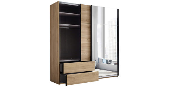 SCHWEBETÜRENSCHRANK 215/225,5/60,5 cm 2-türig Eichefarben  - Eichefarben/Schwarz, MODERN, Glas/Holzwerkstoff (215/225,5/60,5cm) - Xora