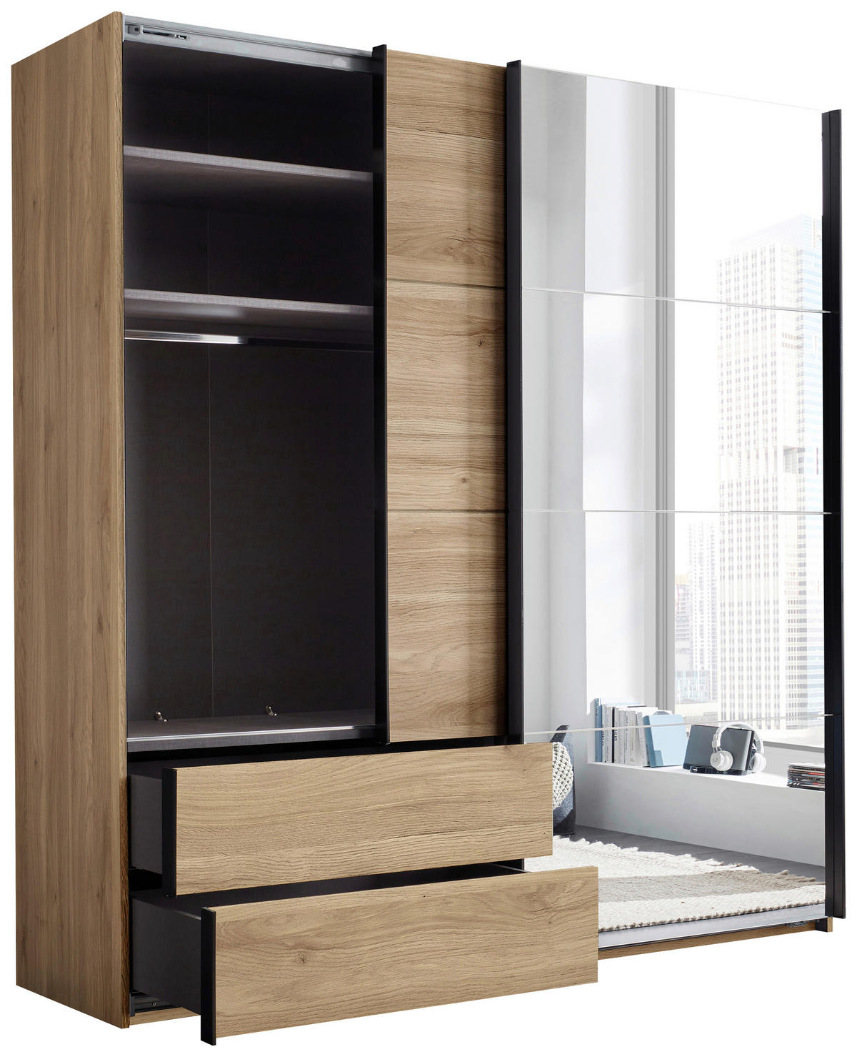 SCHWEBETÜRENSCHRANK Eichefarben  - Eichefarben/Schwarz, Modern, Glas/Holzwerkstoff (215/225,5/60,5cm) - Xora