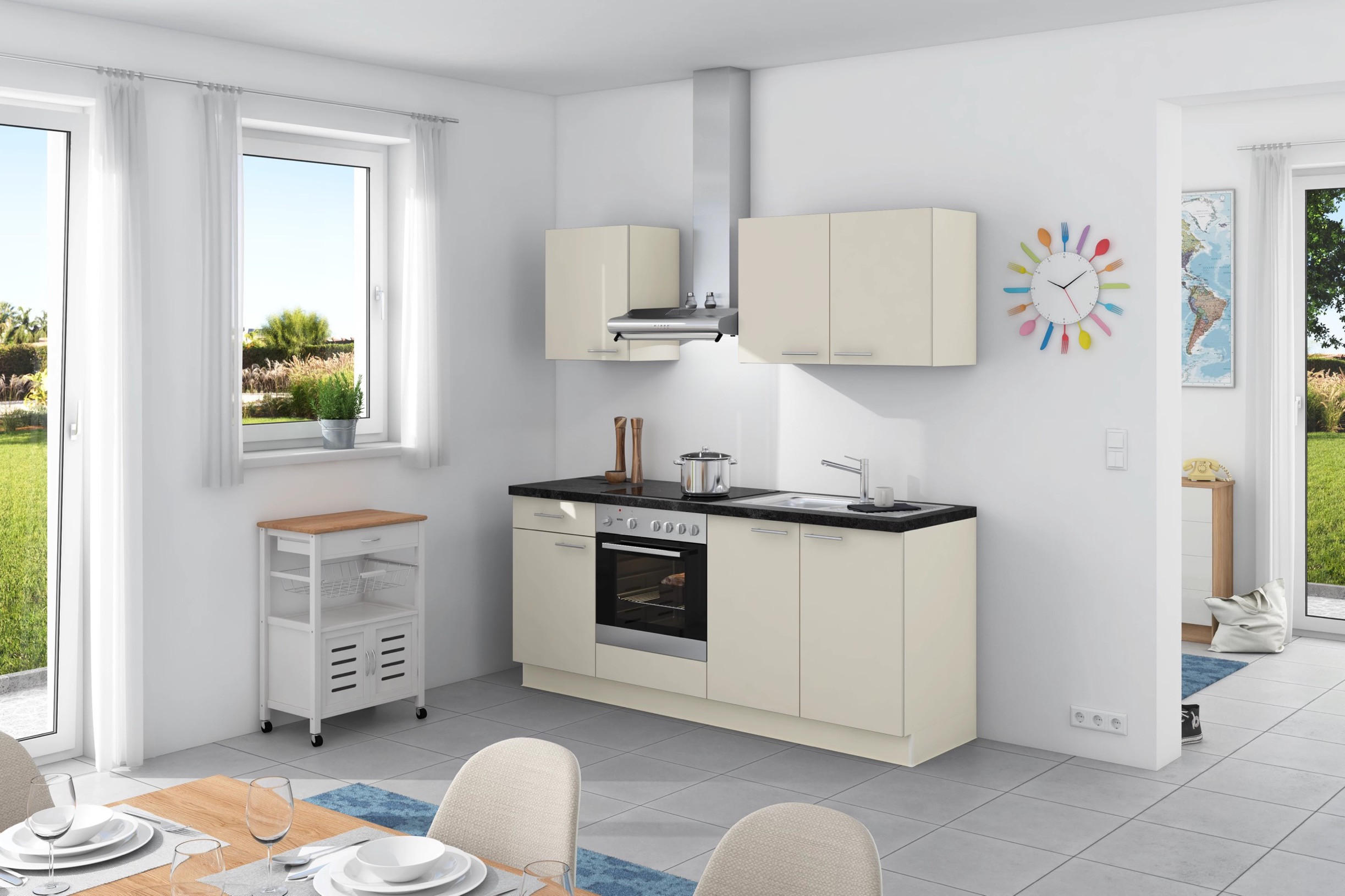 Küchenzeile Base Ohne Geräte 200 Cm Magnolia/beton Dunkel