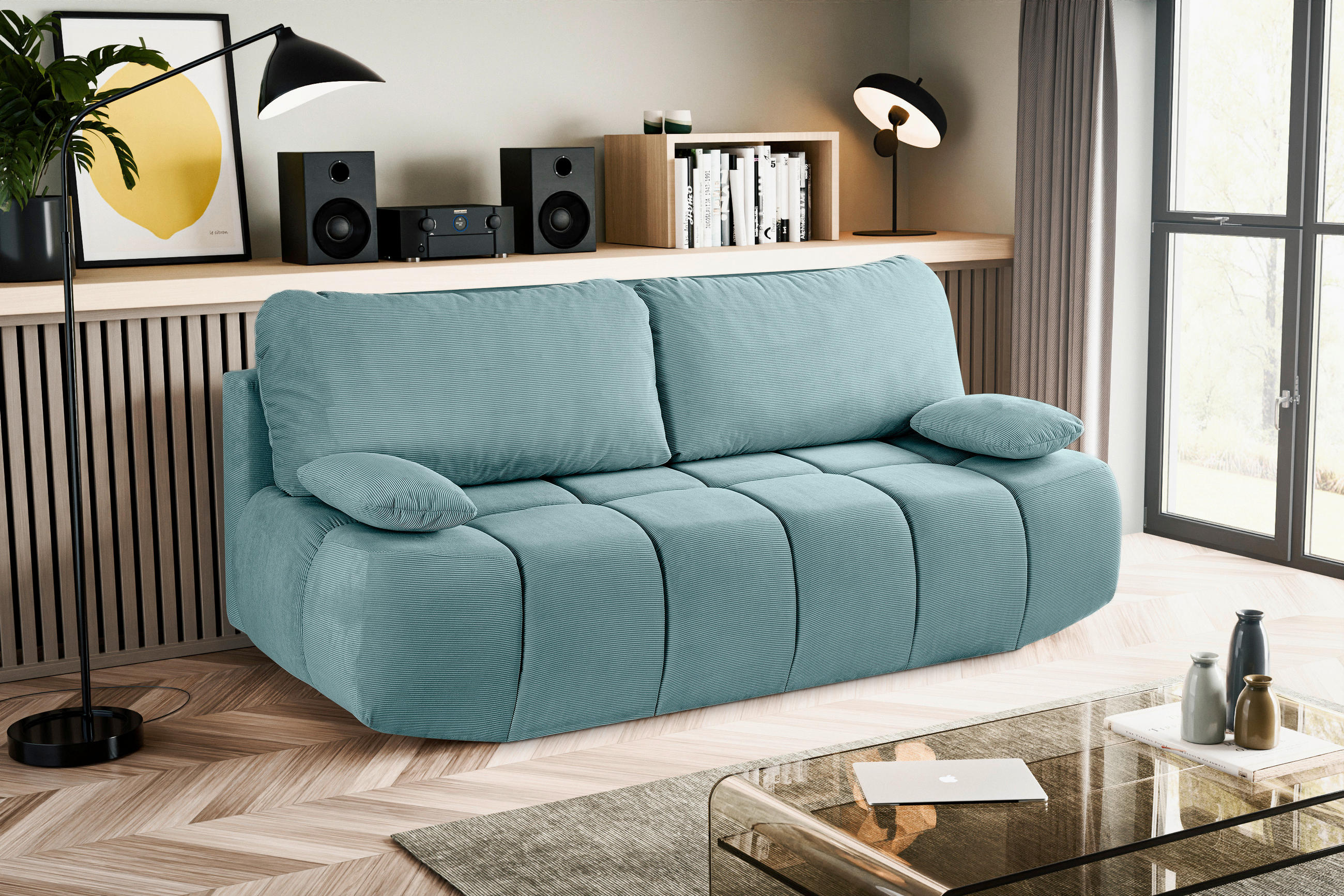 SCHLAFSOFA LAUDER  mit Cord Minttürkis  - Schwarz/Minttürkis, Basics, Kunststoff/Textil (207/93/105cm) - MID.YOU