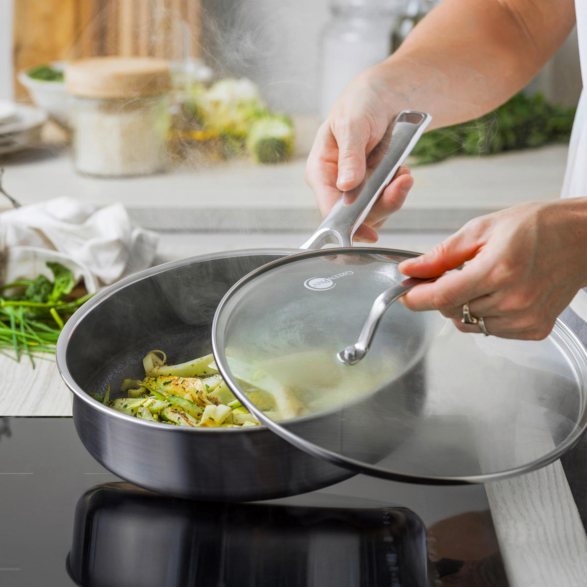 SCHMORPFANNE Apex Keramikbeschichtung 24 cm  - Edelstahlfarben/Transparent, Basics, Glas/Metall (24cm) - GreenPan