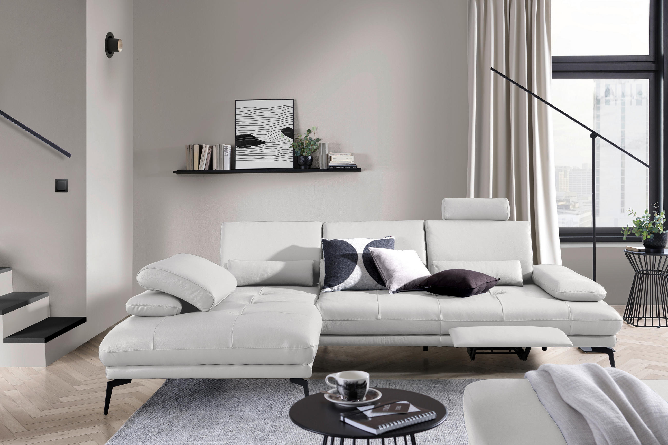 ECKSOFA Weiß Echtleder  - Schwarz/Weiß, Design, Leder/Metall (187/273cm) - Celina Home