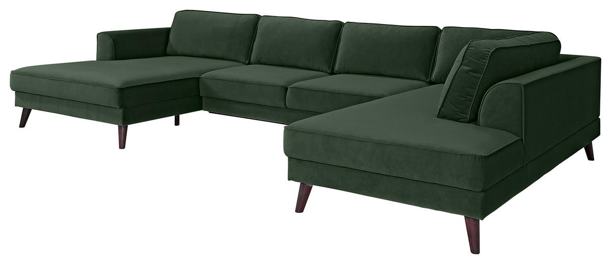 WOHNLANDSCHAFT Velours Dunkelgrün  - Wengefarben/Dunkelgrün, Modern, Holz/Textil (169/348/201cm) - Trendmanufaktur