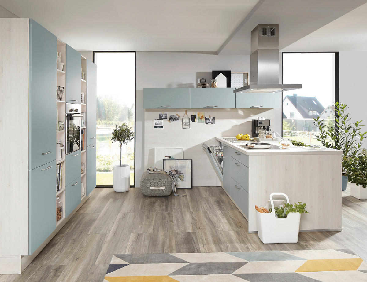EINBAUKÜCHE   - Weiss/Hellblau, Design, Holzwerkstoff - Celina