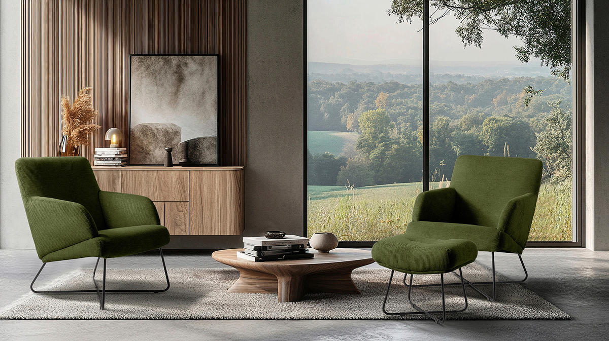 SESSELSET in Chenille Grün  - Schwarz/Weiß, Design, Textil/Metall (67/87/74cm) - Livetastic