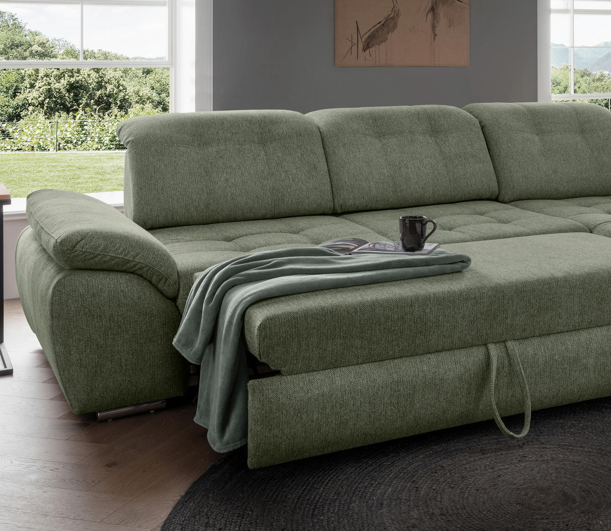 ECKSOFA RIGATTI Dunkelgrün Flachgewebe Kopfteilverstellung, Stauraum, Sitztiefenverstellung  - Chromfarben/Dunkelgrün, MODERN, Textil/Metall (308/254cm) - Livetastic