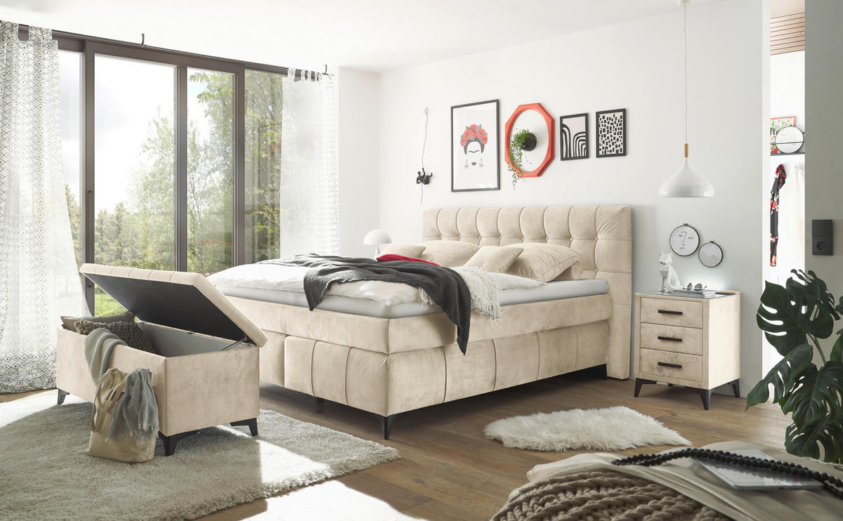 BOXSPRINGBETT 180/200 cm  in Creme  - Creme/Schwarz, KONVENTIONELL, Kunststoff/Textil (180/200cm) - Modante