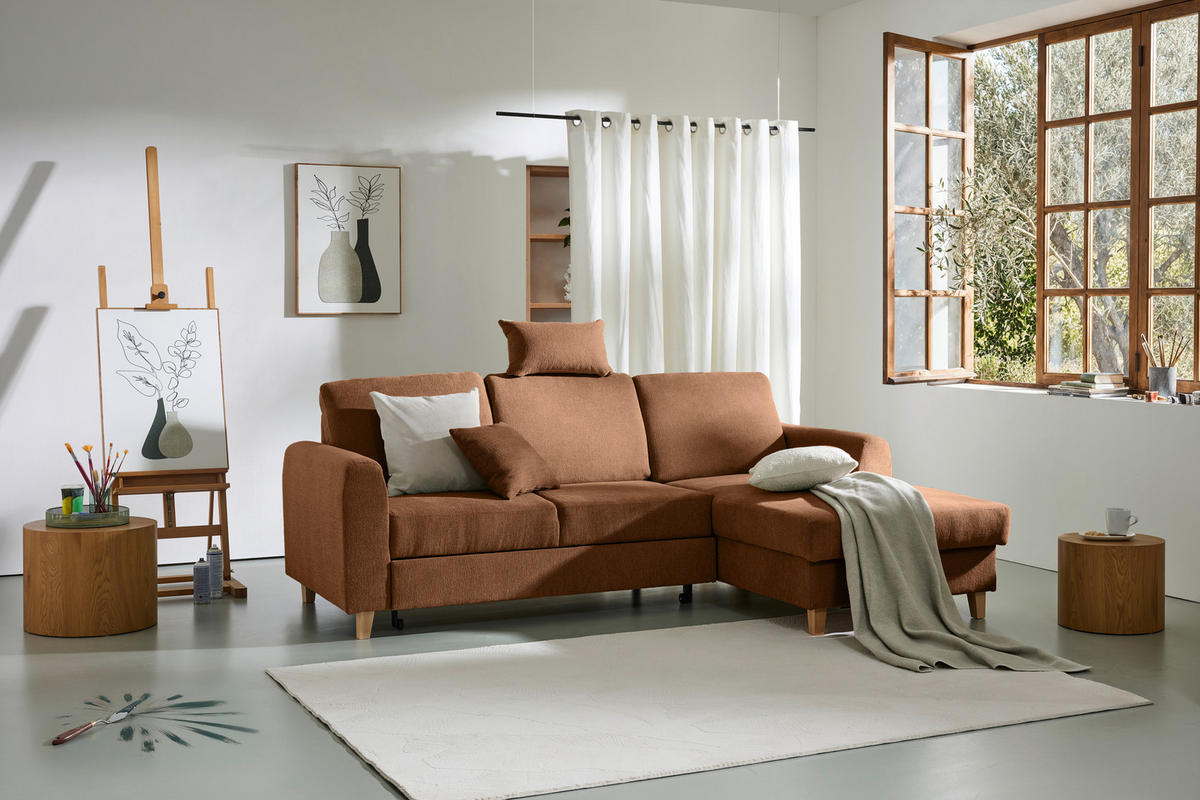 ECKSOFA Terracotta Flachgewebe  - Buchefarben/Terracotta, KONVENTIONELL, Holz/Textil (241/166cm) - Carryhome