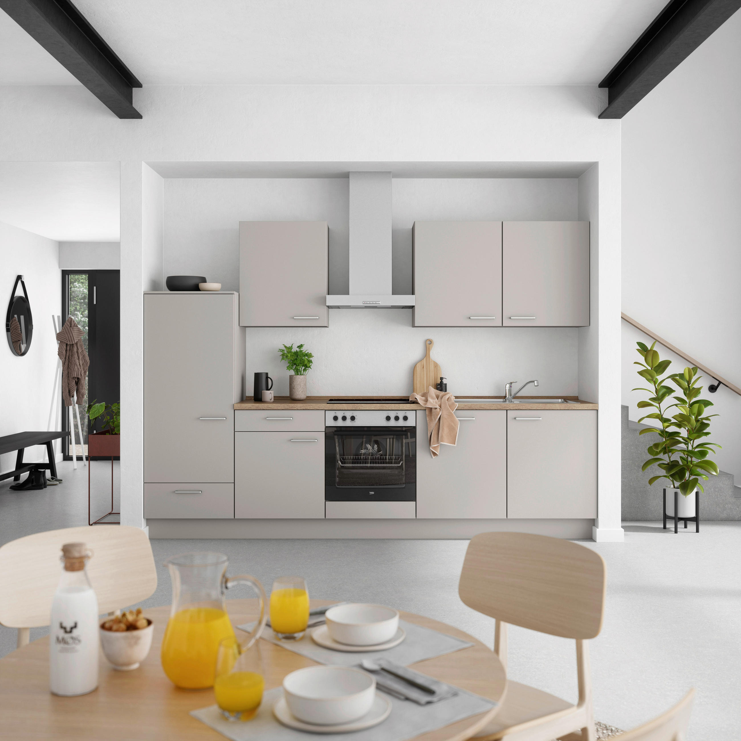 KÜCHENBLOCK 300 cm   in Grau, Eiche dunkel  - Eiche dunkel/Edelstahlfarben, MODERN, Holzwerkstoff/Metall (300cm) - Nobilia