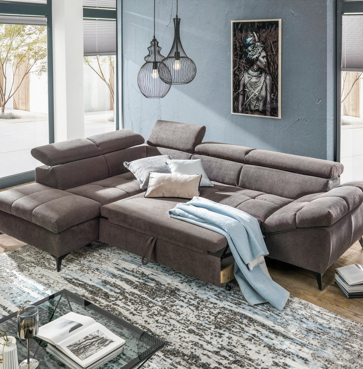 ECKSOFA mit Funkion Graubraun Mikrofaser  - Graubraun/Schwarz, Design, Kunststoff/Textil (210/279cm) - Stylife